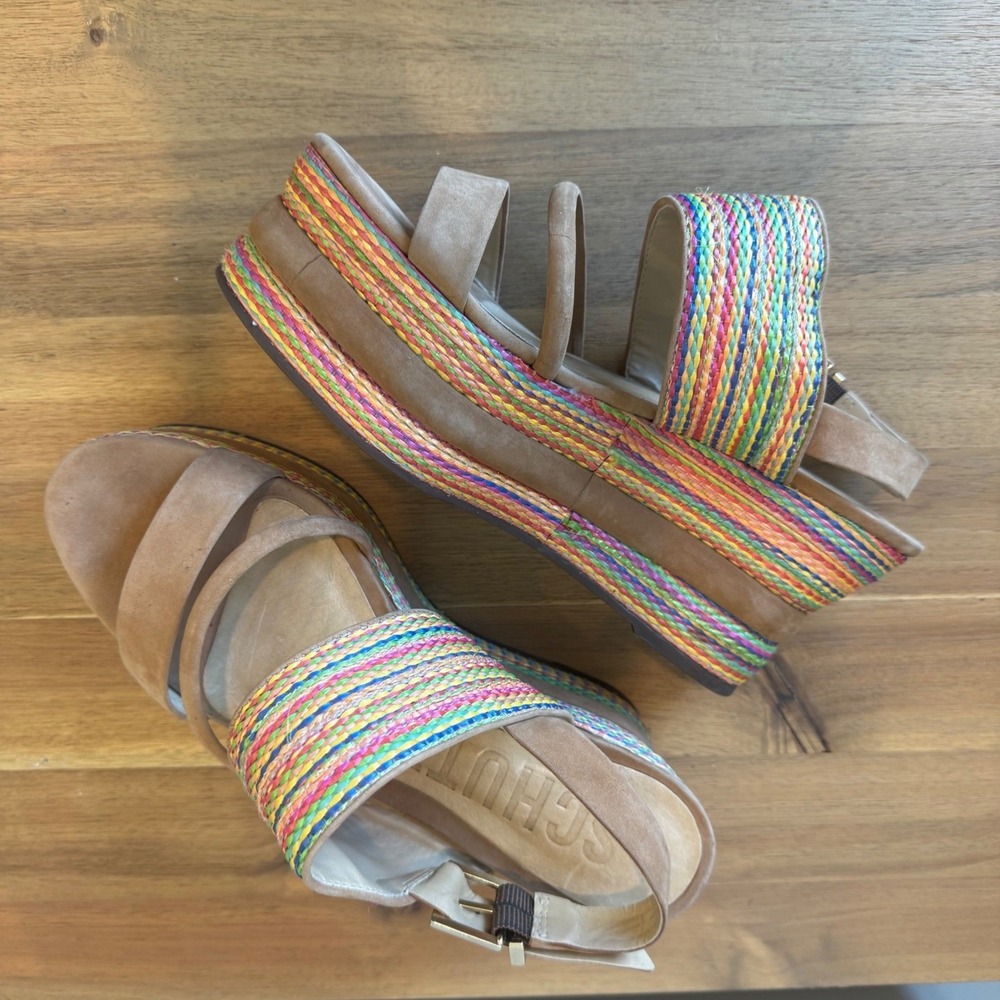 Schutz Women 8.5 B Tan Suede Rainbow Woven Platform Wedge Sandals Brazil Casualโ